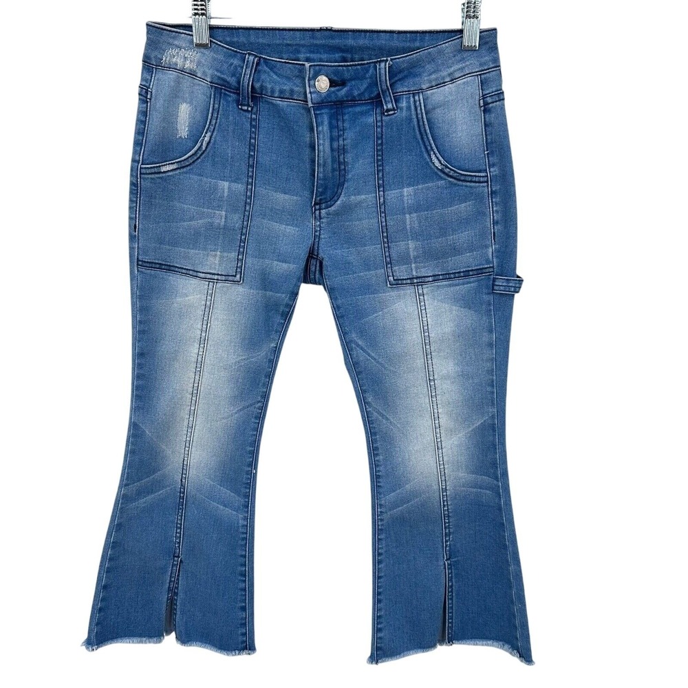 LITZ Premium Denim Blue Crop Flare Carpenter Jean Front Slit Distressed Women 28